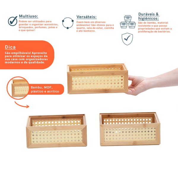 Kit 3 caixas organizadoras empilháveis de bambu e palhinha 24cm - oikos