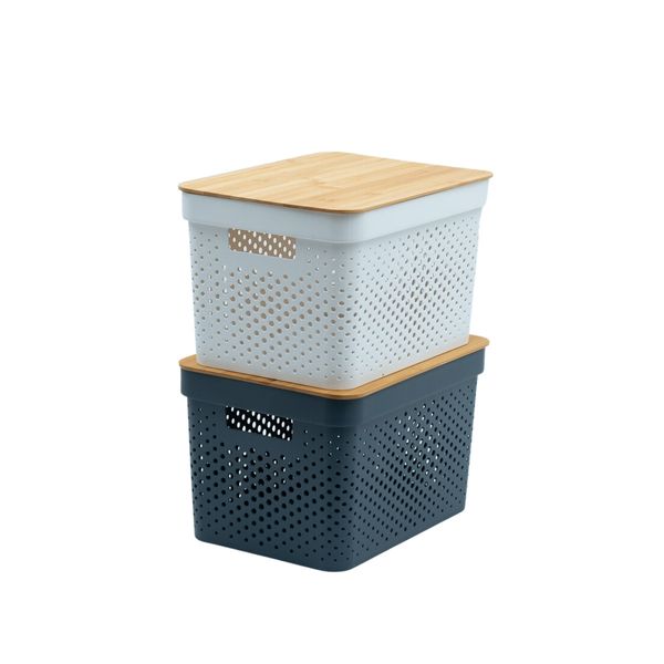 Kit 2 caixas organizadoras multiuso empilhável com tampa de bambu poá 18l branco e cinza - oikos
