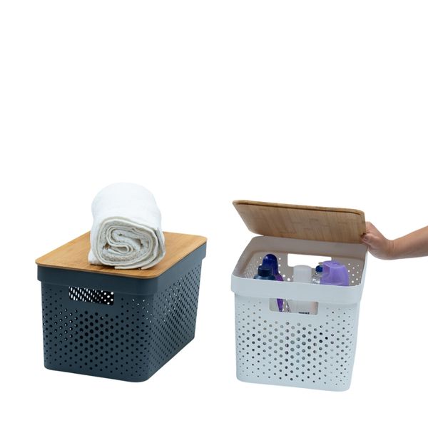 Kit 2 caixas organizadoras multiuso empilhável com tampa de bambu poá 18l branco e cinza - oikos