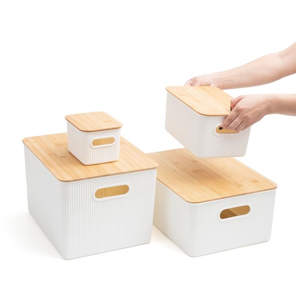 Caixa organizadora canelada com tampa de bambu 16l - oikos