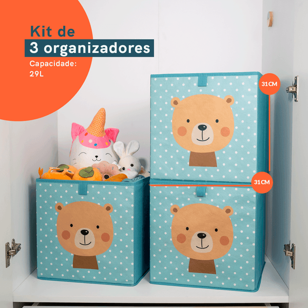 Kit 3 organizadores multiuso dobrável infantil ursinho - oikos