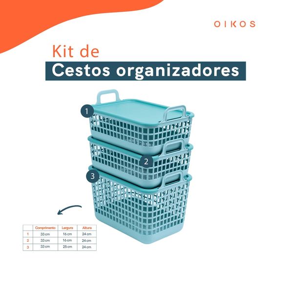 Kit 3 cestos telados c/ tampa de plástico 2p/1m verde – oikos