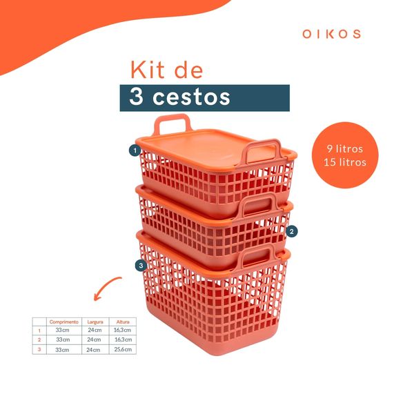 Kit 3 cestos telados de plástico 2p/1m terracota – oikos