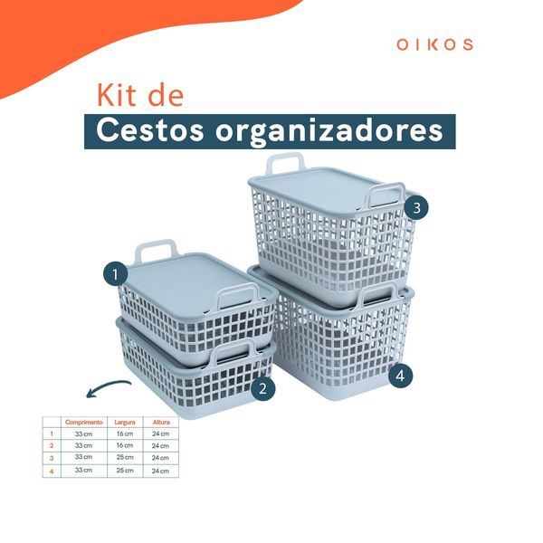 Kit 4 cestos telados de plástico c/ tampa 2p/2m cinza – oikos