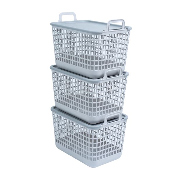 Kit 3 cestos telados com tampa de plástico 15l cinza – oikos