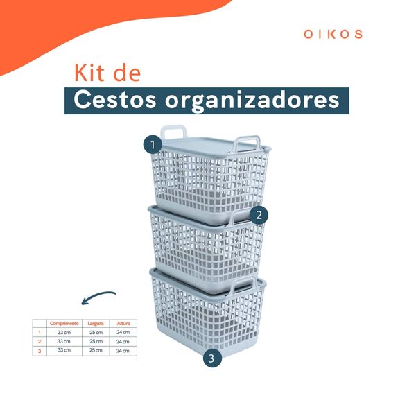 Kit 3 cestos telados com tampa de plástico 15l cinza – oikos