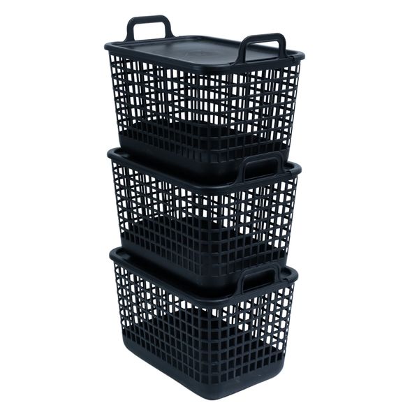 Kit 3 cestos telados com tampa de plástico 15l preto – oikos