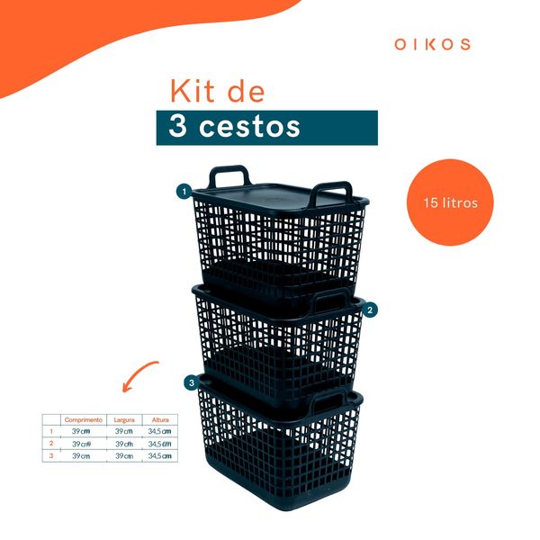 Kit 3 cestos telados com tampa de plástico 15l preto – oikos