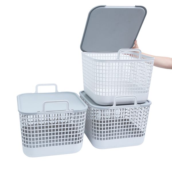 Kit 3 cestos telados com tampa de plástico 45l cinza – oikos