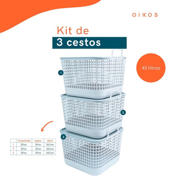 Kit 3 cestos telados com tampa de plástico 45l cinza – oikos