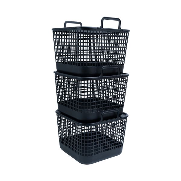 Kit 3 cestos telados com tampa de plástico 45l preto – oikos