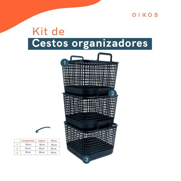 Kit 3 cestos telados com tampa de plástico 45l preto – oikos