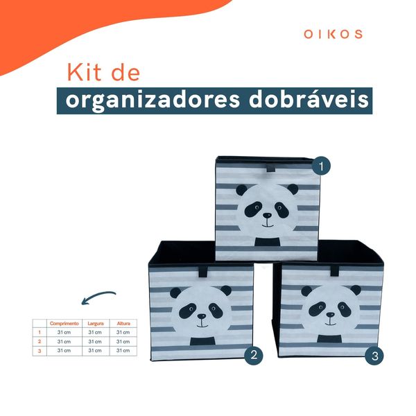 Kit organizador dobrável infantil de tnt panda 3 pçs - oikos