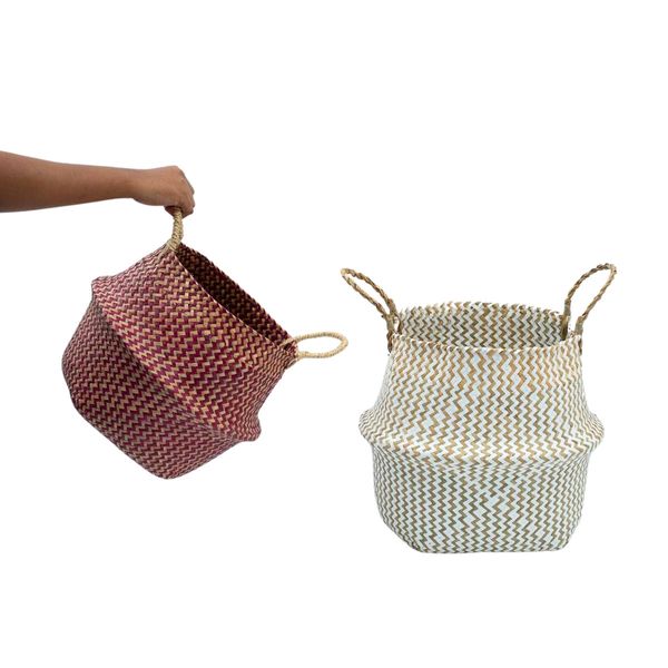 Kit 2 cestos organizadores multiuso decorativo branco e vermelho seagrass - oikos