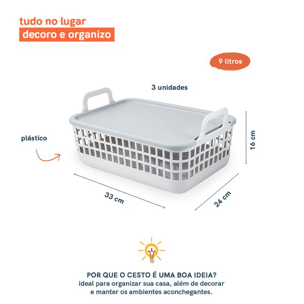 Kit de 3 cestos organizadores empilháveis de 9l oikos