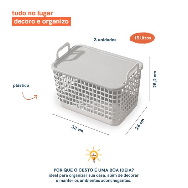 Kit 3 cestos de plástico vazado com tampa 15l cinza - oikos