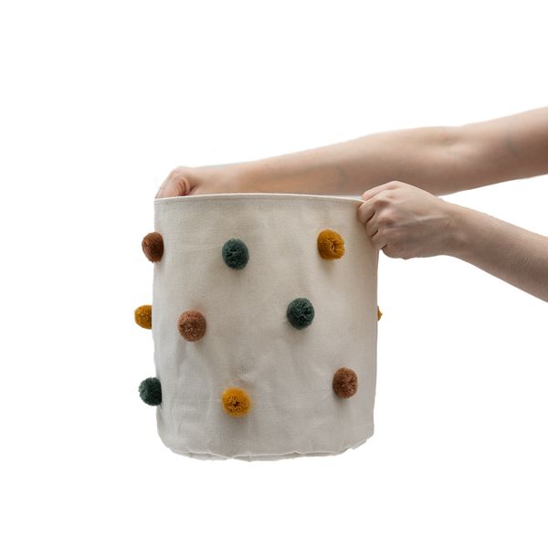Cesto organizador redondo 25cm de pompons de algodão - oikos