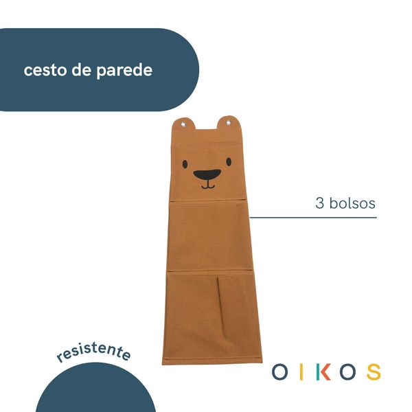 Cesto infantil de parede com 3 bolsos de algodão urso  - oikos