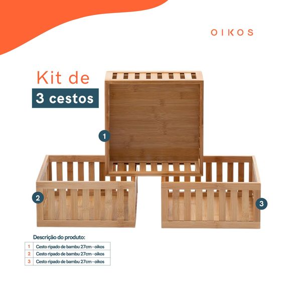 Kit 3 cestos organizadores ripados de bambu 27cm - oikos