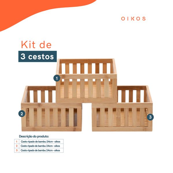 Kit 3 cestos organizadores ripados de bambu 24cm - oikos