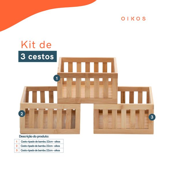 Kit 3 cestos organizadores ripados de bambu 22cm - oikos