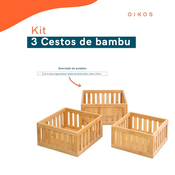 Kit 3 cestos organizadores ripados de bambu - oikos
