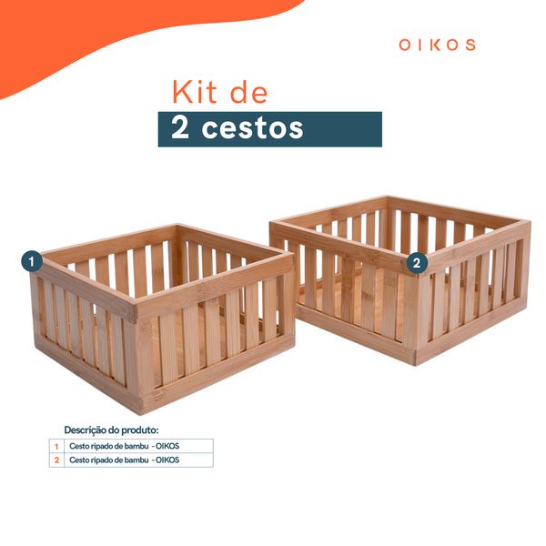 Kit 2 cestos organizadores ripados de bambu de 24cm e 27cm - oikos