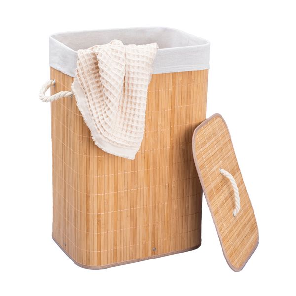 Cesto de roupa retangular de bambu forro tampa 60cm - oikos