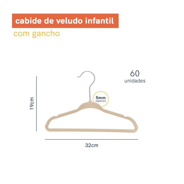 Kit cabide de veludo bege infantil c/ gancho - 60 unidades oikos
