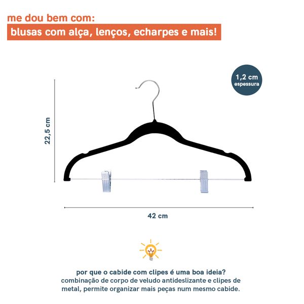 Cabide de veludo com clipes preto oikos