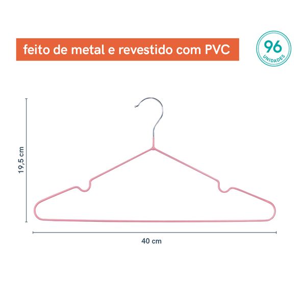 Kit cabide de metal com pvc rosa oikos - 96 unidades