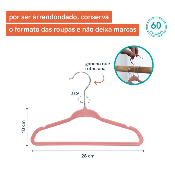 Kit cabide infantil de veludo rosa oikos - 60 unidades