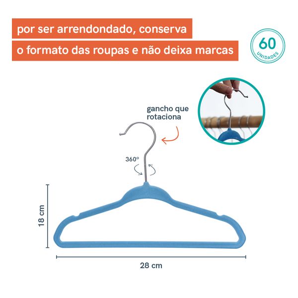 Kit cabide infantil de veludo azul oikos - 60 unidades
