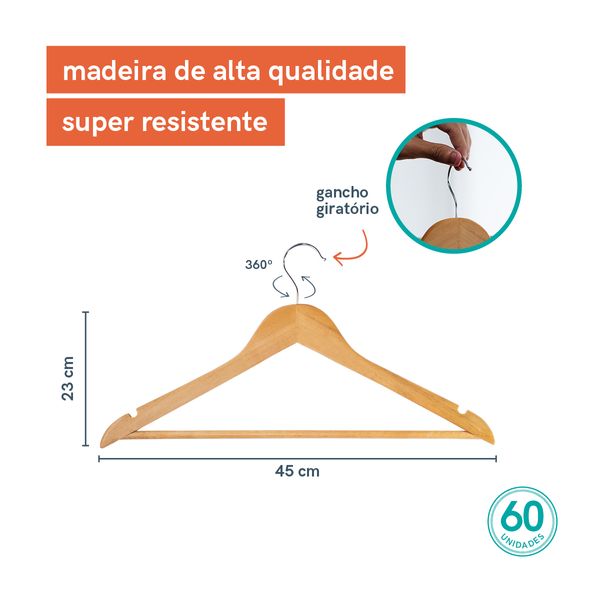 Kit cabide de madeira oikos - 60 unidades