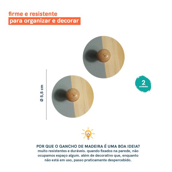 Kit 2 ganchos de madeira com adesivo - oikos