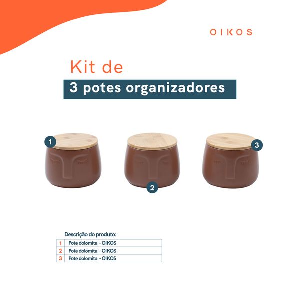 Kit 3 potes dolomita com tampa de bambu rosto - oikos