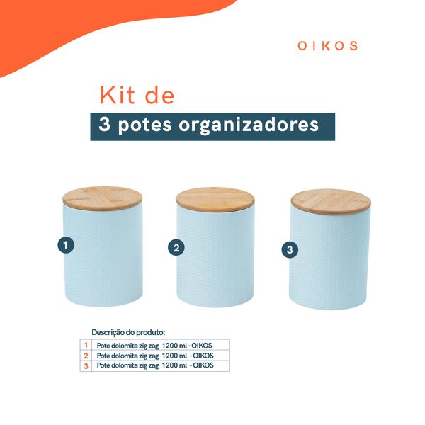 Kit 3 potes dolomita com tampa de bambu zig zag 1,2l - oikos
