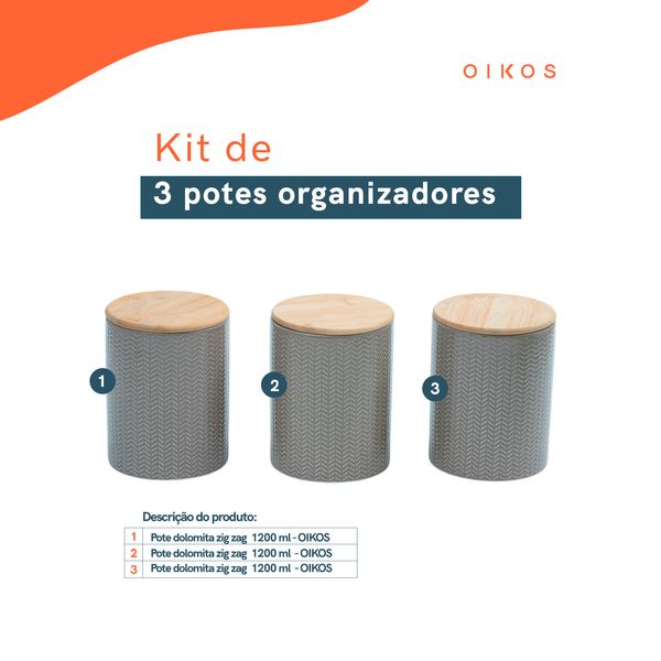 Kit 3 potes dolomita com tampa bambu zig zag 1,2l - oikos