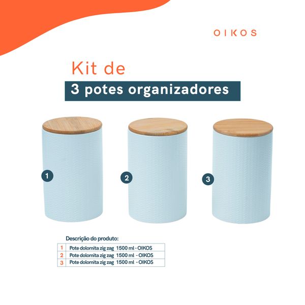 Kit 3 potes dolomita com tampa de bambu zig zag 1,5l - oikos