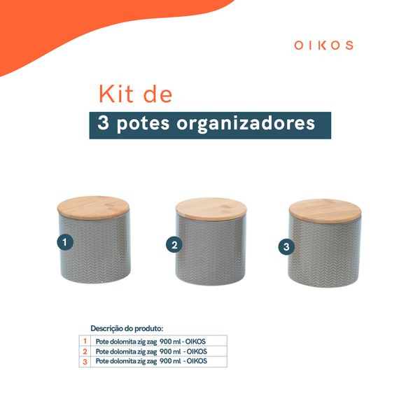 Kit 3 potes dolomita com tampa de bambu zig zag 900ml - oikos