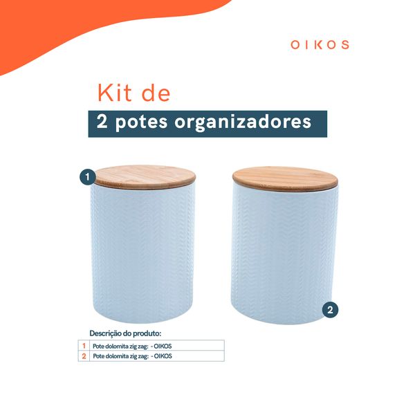 Kit 2 potes dolomita com tampa de bambu zig zag 1,2l - oikos