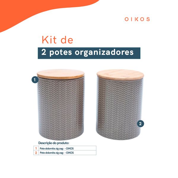 Kit 2 potes dolomita com tampa de bambu zig zag 1,2l - oikos
