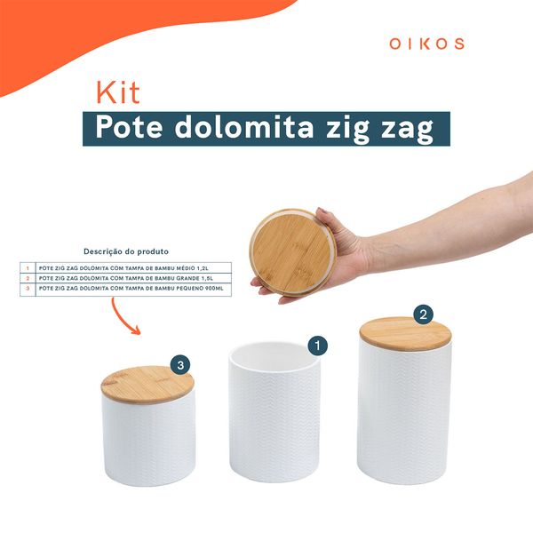 Kit 3 potes dolomita com tampa de bambu zig zag 900ml, 1,2l e 1,5l - oikos