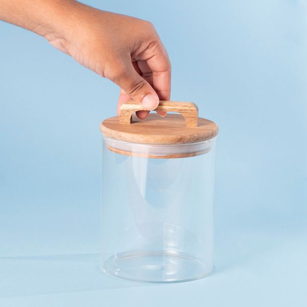 Pote de vidro 650ml com tampa de madeira acácia com alça redondo - oikos