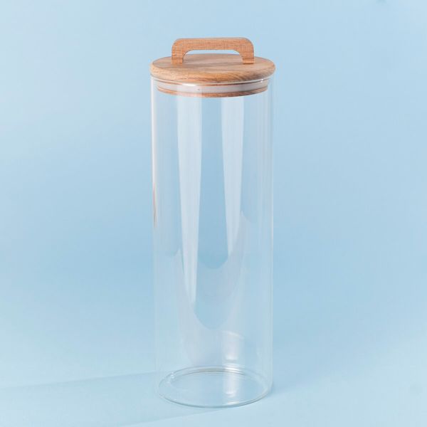 Pote de vidro 1,7l com tampa de madeira acácia com alça redondo - oikos