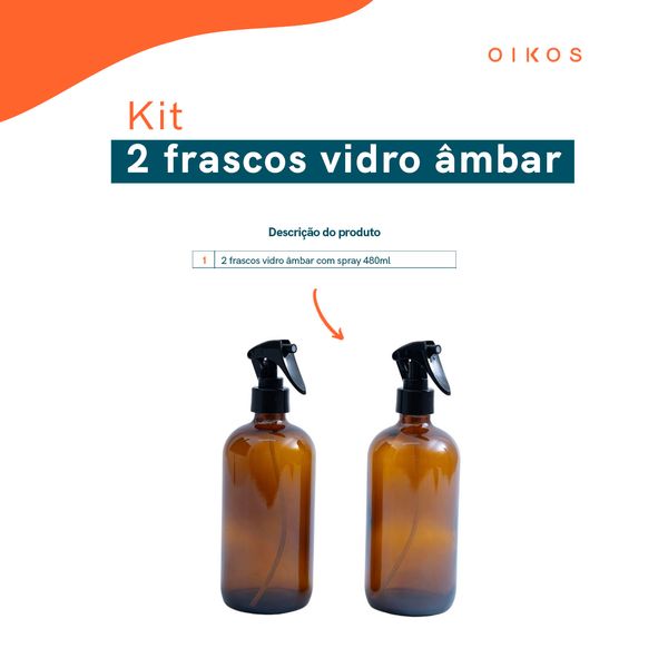 Kit 2 frascos vidro âmbar com válvula spray 480ml - oikos