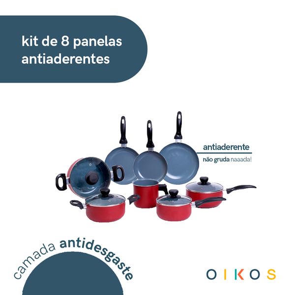 Jogo de panelas antiaderente cerâmica 8 pçs vermelha - oikos