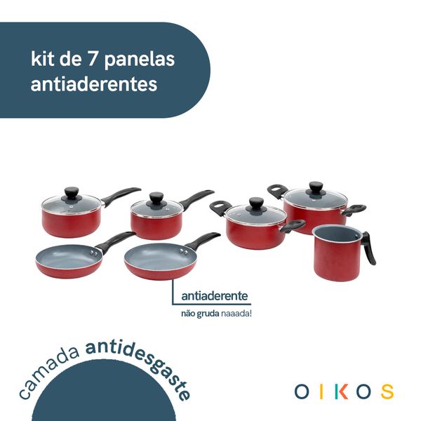 Jogo de panelas antiaderente cerâmica 7 pçs vermelha - oikos