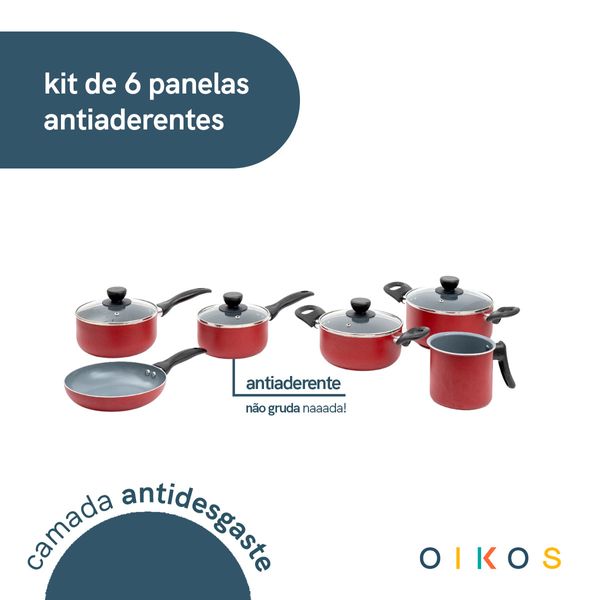 Jogo de panelas antiaderente cerâmica 6 pçs vermelha - oikos
