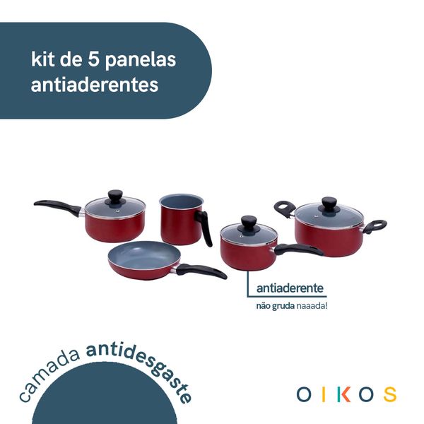 Jogo de panelas antiaderente cerâmica 5 peças vermelha - oikos